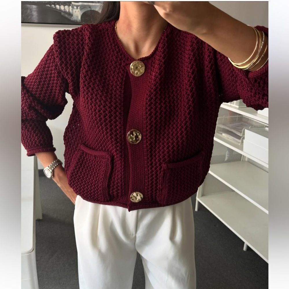 Zara chunky knit cardigan in burgundy - Picture 9 of 16